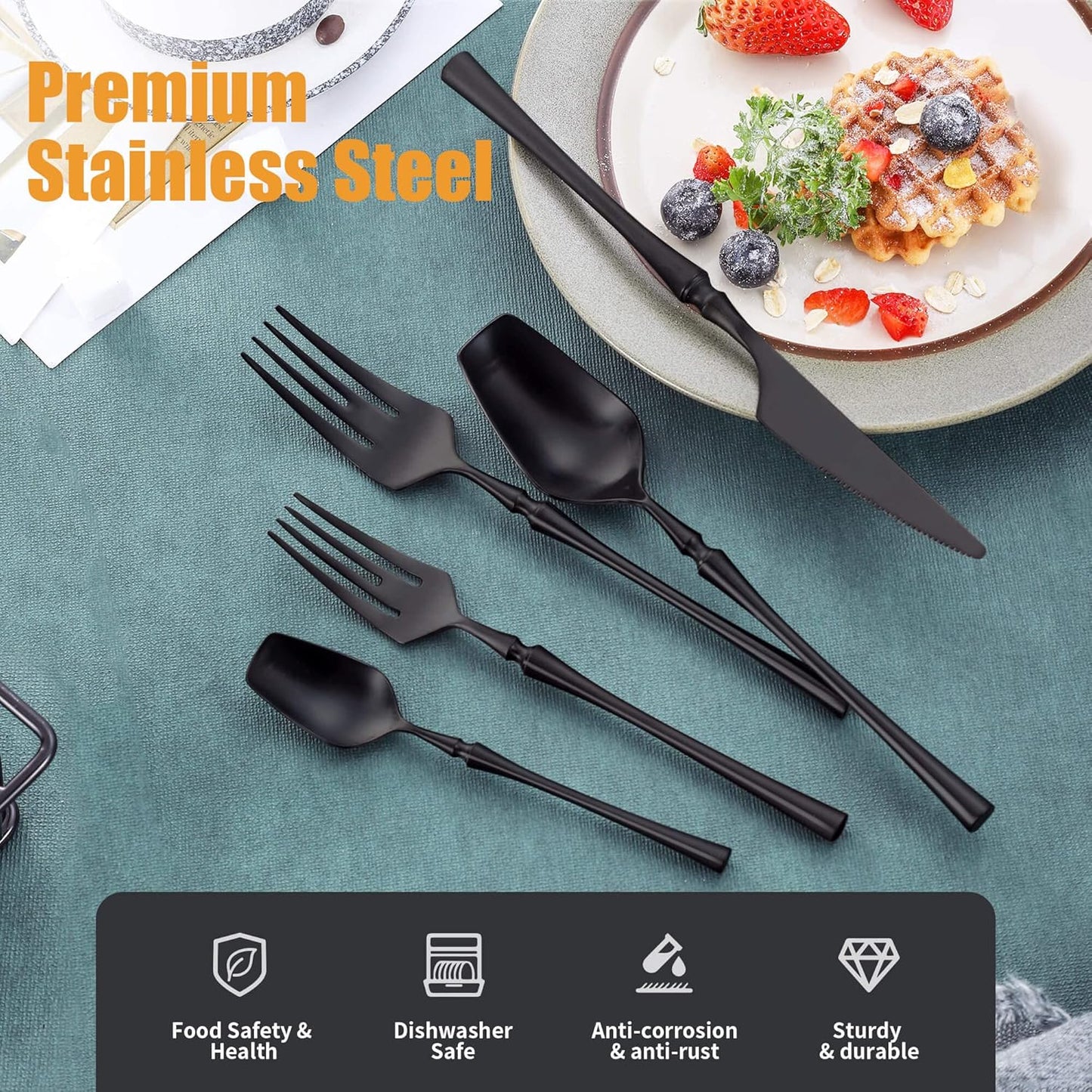 20-Piece Matte Black Silverware Set for 4,Modern 18/10 Stainless Steel Flatware Set,Unique Rustic Cutlery Utensils Set,Spoon and Fork Set for Home, Restaurant,Mirror Polished,Dishwasher Safe