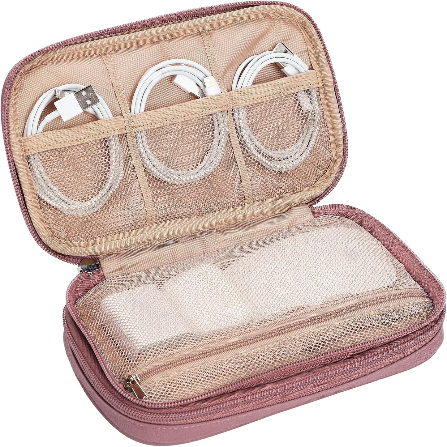 NISHEL Travel Cord Organizer Case, Double Layers Tech Electronic Bag, Essentials for Charger, Cable, Phone, Flash drive, Rose-wood Pink