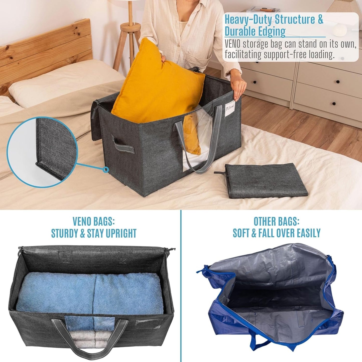 VENO 2 Pack Moving Bags, Comforter and Blanket Storage Bags for Closet, Moving Boxes, Boxes with Lids Alternative, College Dorm Packing Supplies, Foldable Heavy-Duty Tote with Window (Gray, 2 Pack)