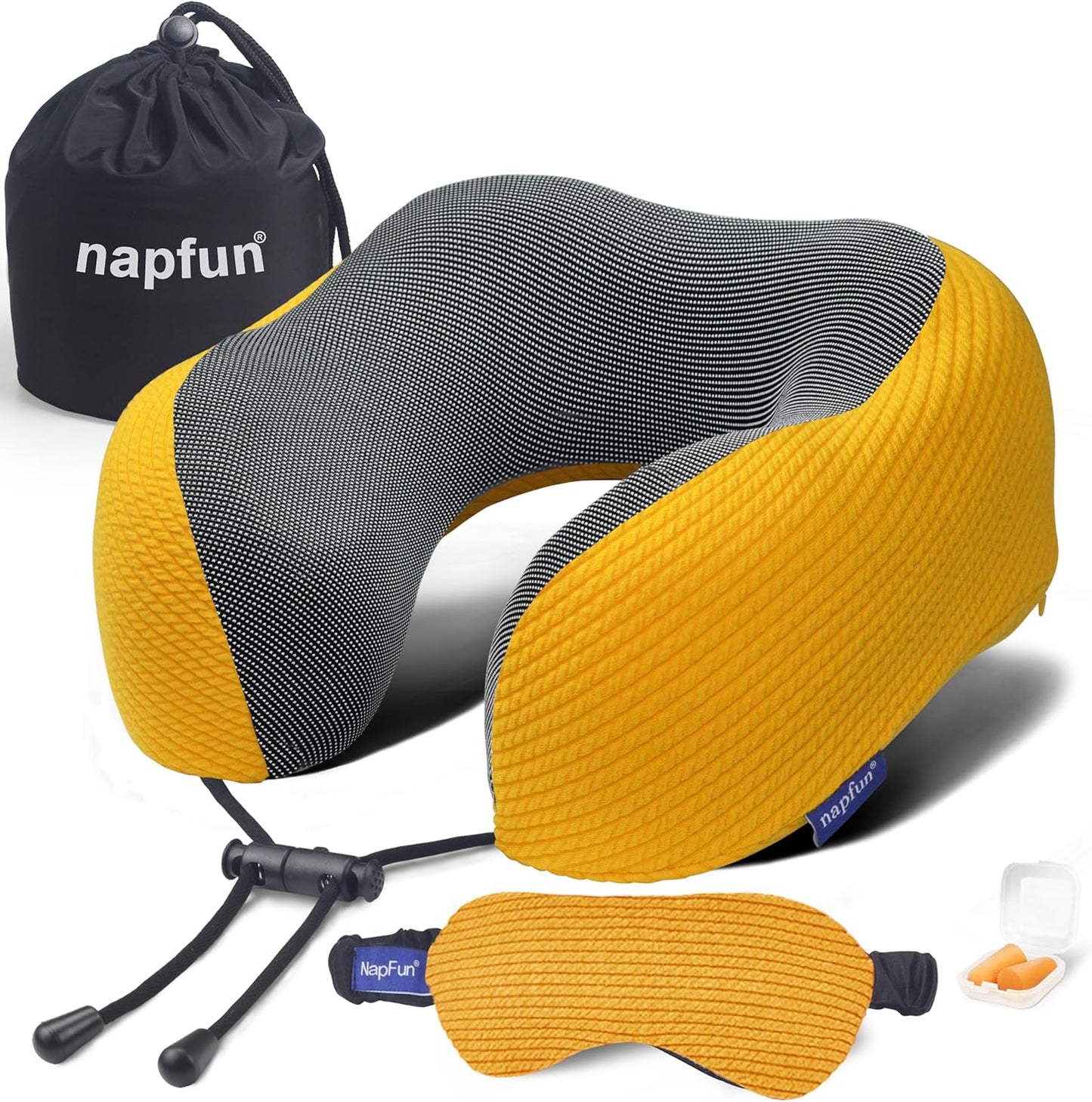napfun Neck Pillow for Traveling, Upgraded Travel Neck Pillow for Airplane 100% Pure Memory Foam Travel Pillow for Flight Headrest Sleep, Portable Plane Accessories, Yellow, Medium (120-200LB)