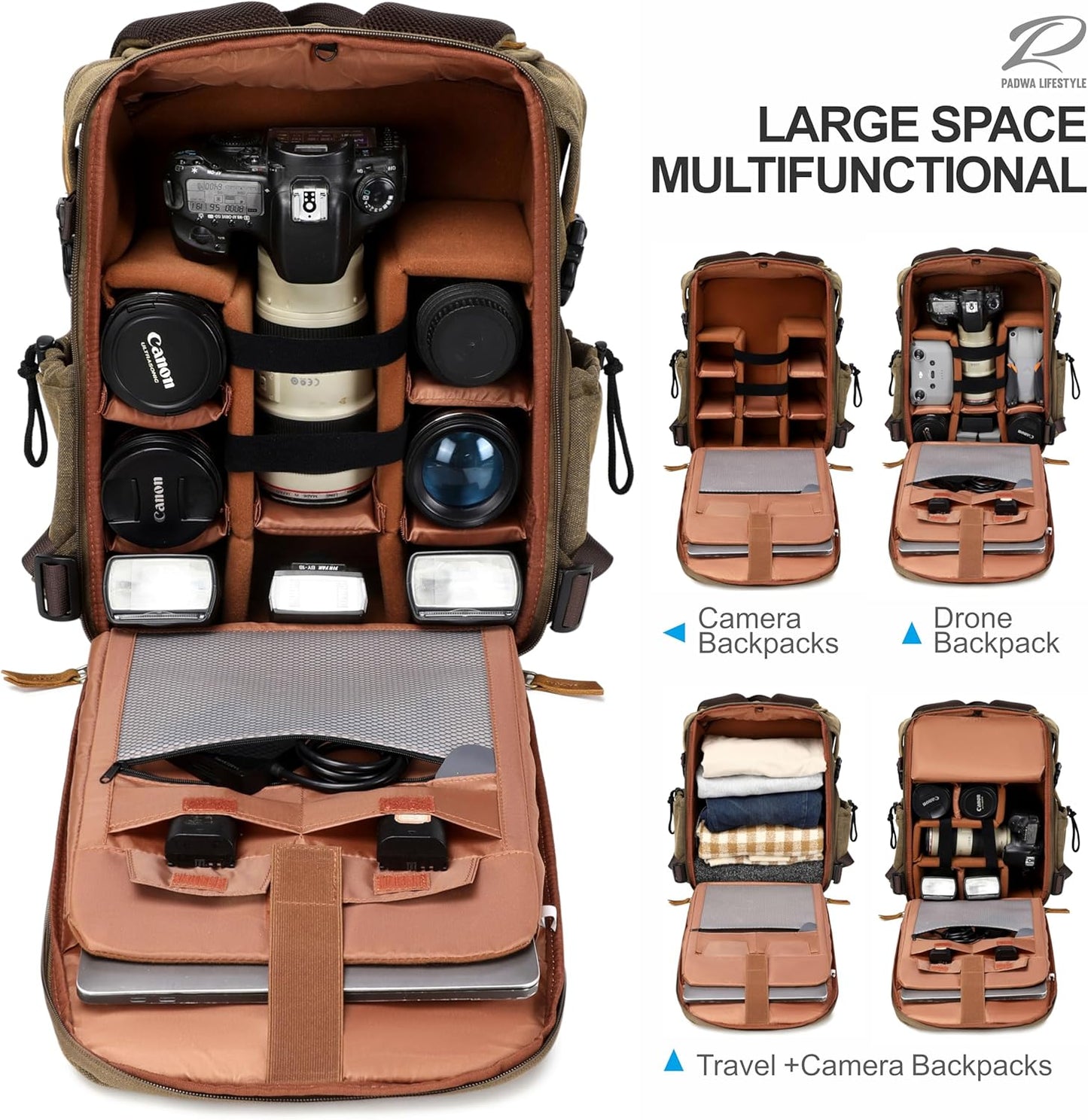Padwa Lifestyle Khaki Camera Backpack - Professional DSLR & UAV Camera Bag,Anti Theft Canvas Camera Backpack with Rain Cover,Large Capacity Photography Travel Camera Bag with Multi Compartments