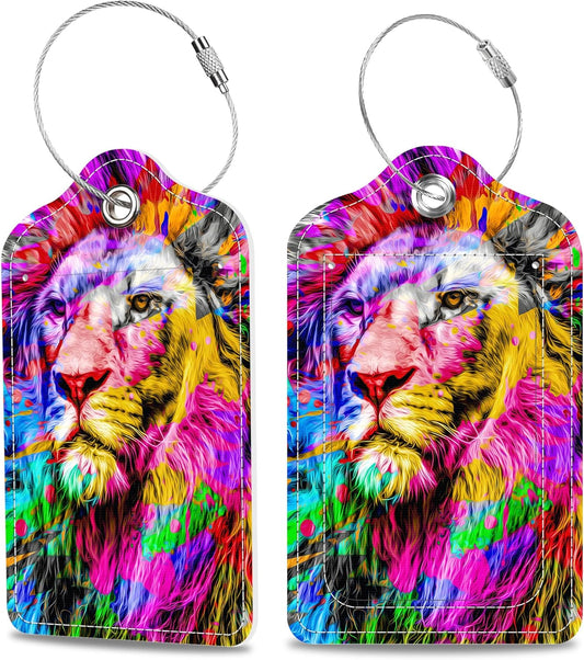 2 Pack Luggage Tags for Suitcase Colorful Abstract Lion Leather Stainless Steel Loop Label Tags for Women Men Travel Bag Suitcase with Privacy Cover Name ID Card