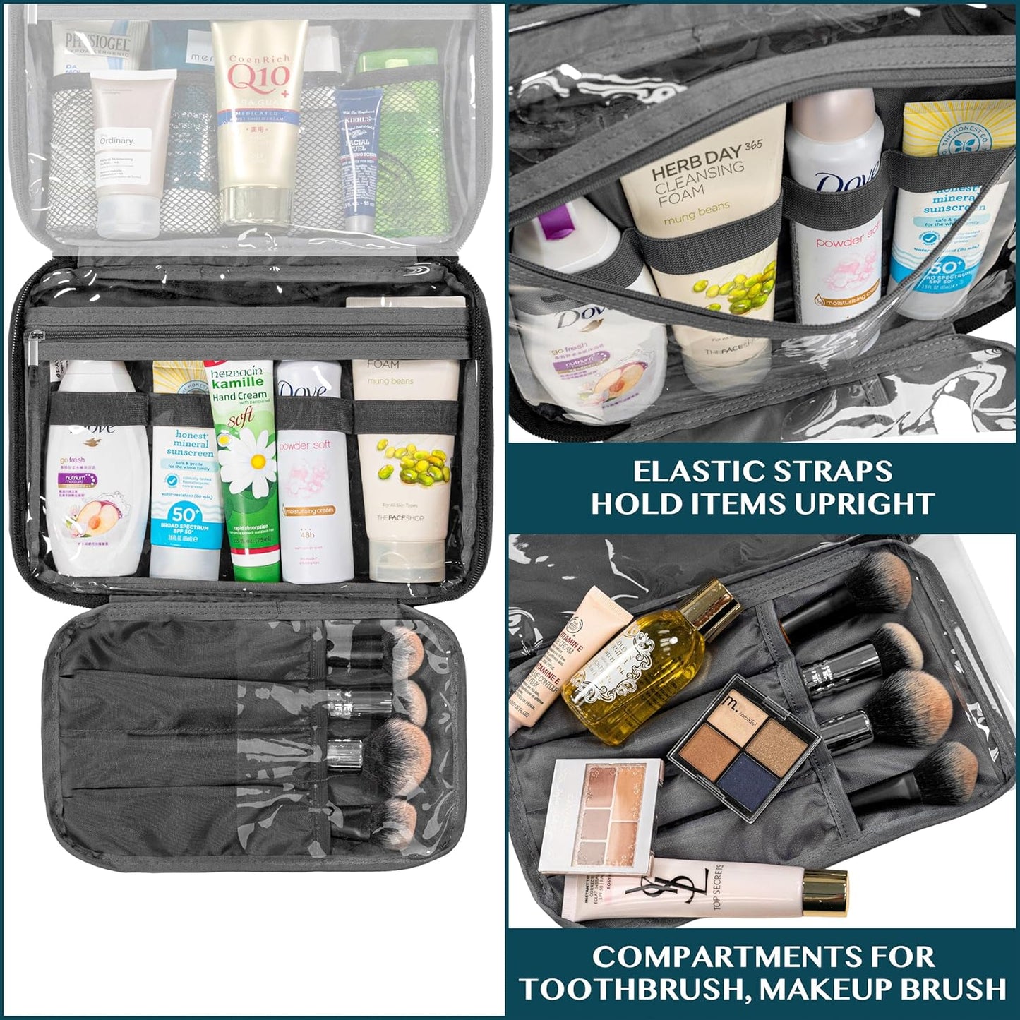 PAVILIA Hanging Toiletry Bag Women Men, Foldable Cosmetic Organizer Travel Bag, Water Resistant Makeup Bag Toiletries, Large Travel Essentials Kit (Black)