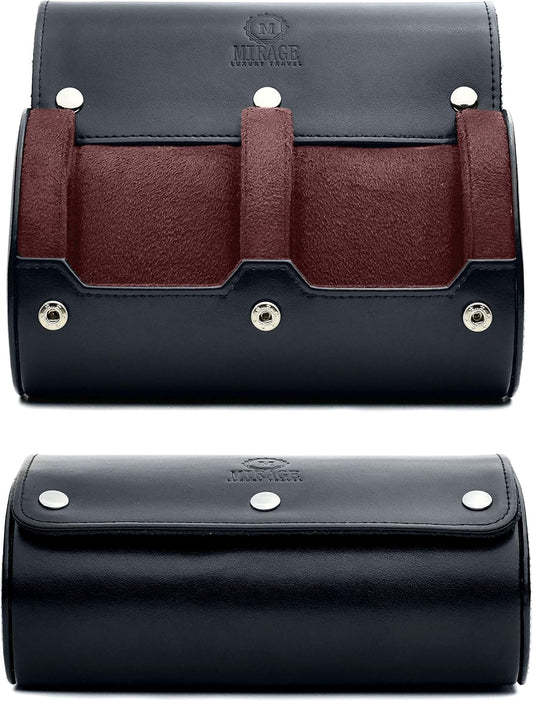 2 Watch Case for Men - Watch Roll Travel Case - Jade Black Motif Vegan Leather