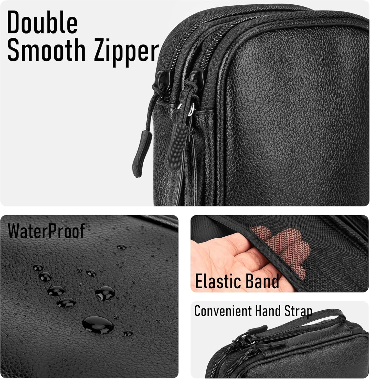 Leather Travel Electronic Organizer - Double Layer, Waterproof Case for Cables, Chargers, Phones & More - Portable, Shockproof Pouch for All Your Electronics Accessories (Black, M)