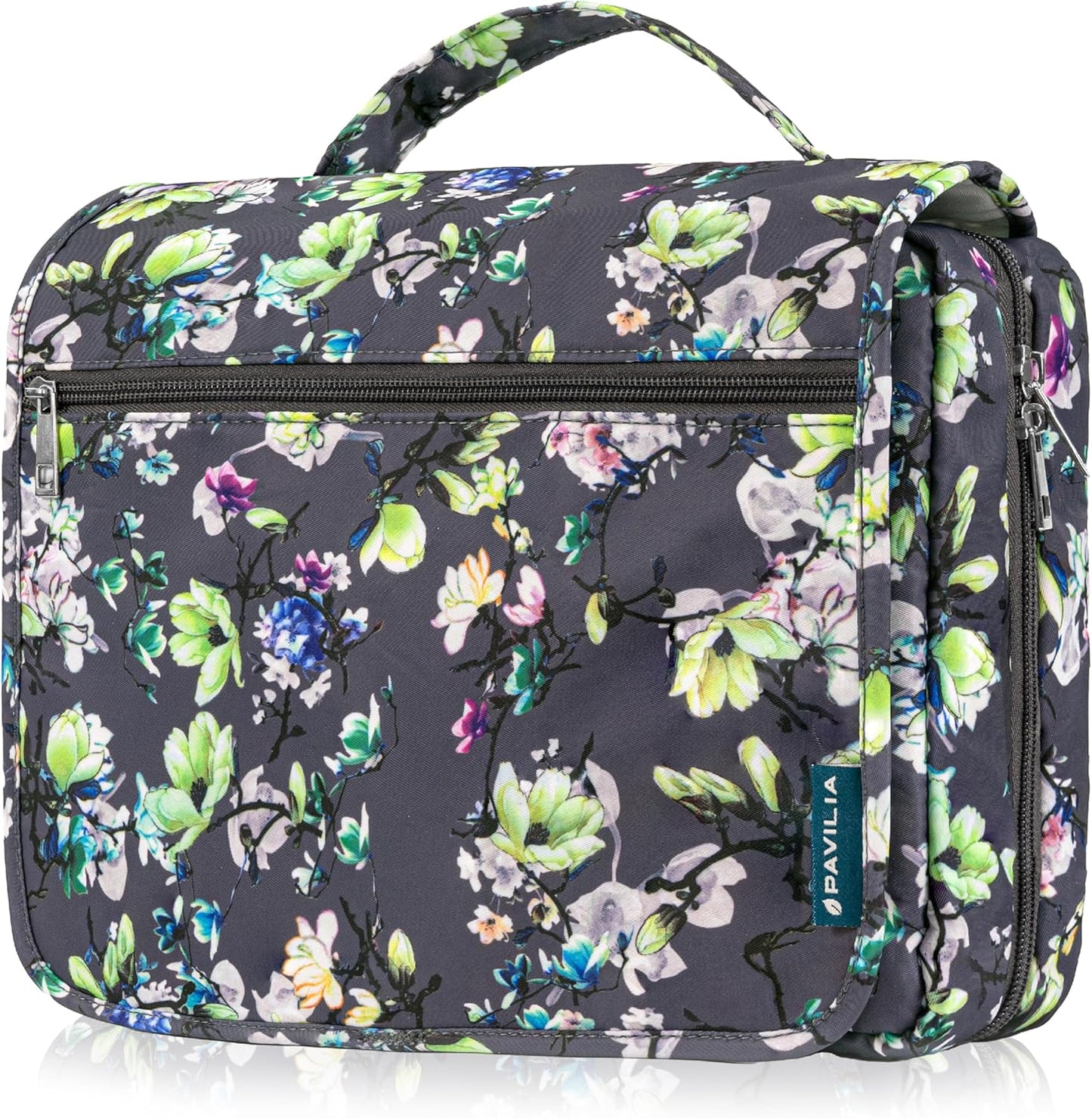 PAVILIA Hanging Toiletry Bag Women Men, Foldable Cosmetic Organizer Travel Bag, Water Resistant Makeup Bag Toiletries, Large Travel Essentials Kit (Grey Floral)