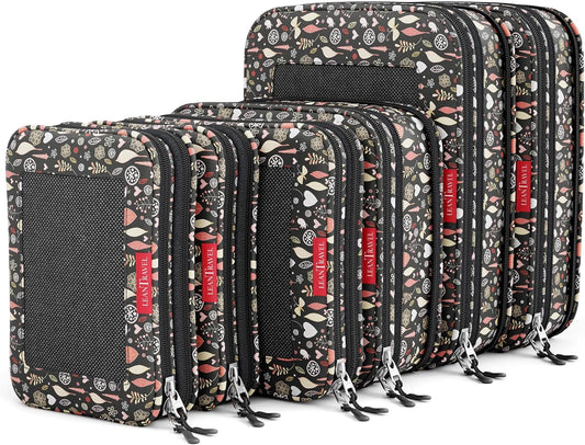 LeanTravel Compression Packing Cubes for Travel Organizers with Double Zipper (6-Pack (2L+2M+2S), Flowers & Leaves)