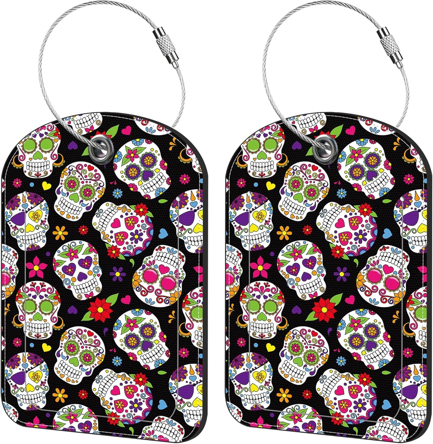 2 Pack Cute Luggage Tag for Suitcases Day of The Dead Sugar Skull Leather Luggage Tags with Stainless Steel Loop Privacy Flap Name Tags,Men and Women Travel Bag Suitcase Tags