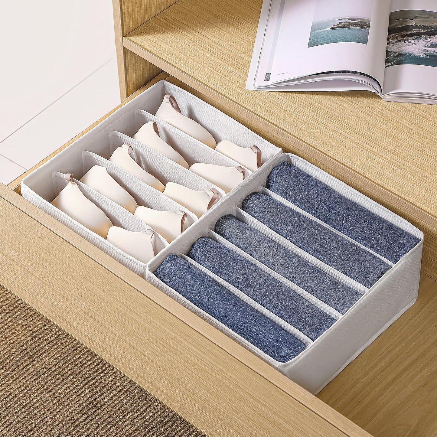 4 Packs Jeans Drawer Organizers for Clothing,5 Grids Compartment Wardrobe clothes organizer,Fabric Washable Closet Organizers and Storage Bins for Jeans,Pants,Bra,Legging,t-shirt-White
