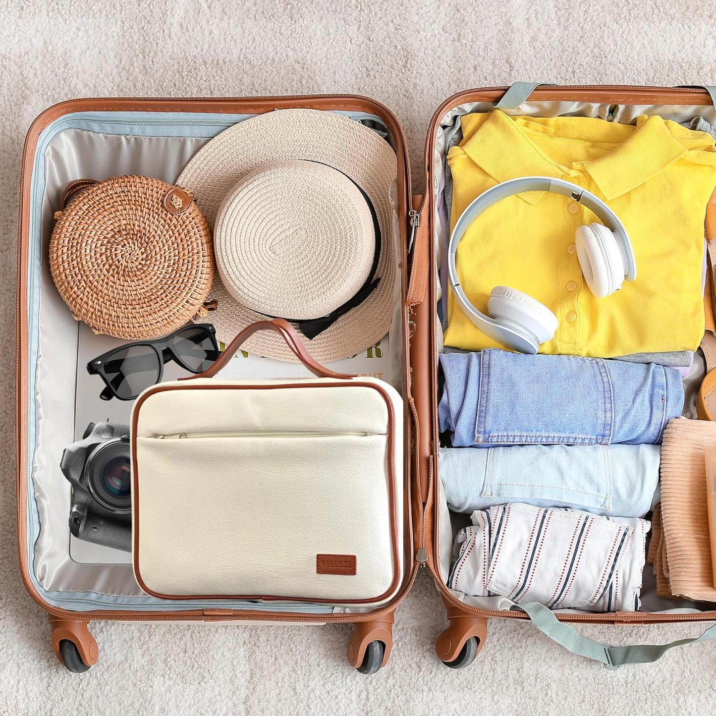 ESSENTE Women's Travel Toiletry Bag with Removable Pouch and Hanging Hook - Water Resistant Makeup Cosmetic Oraganizer with Multiple Compartments for Accessories (OFF WHITE FAUX LEATHER)