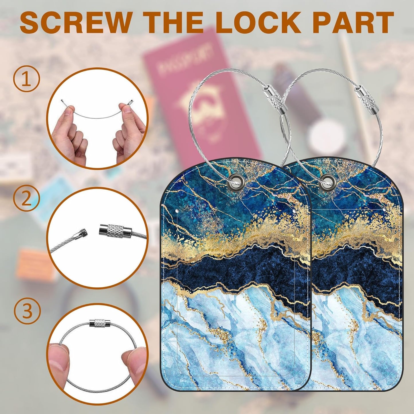 2 PCS Leather Luggage Tag for Suitcase Abstract Marble Travel Suitcase Labels with Privacy Name ID Label and Stainless Steel Loop for Adults Teens Travel Bag Labels Set