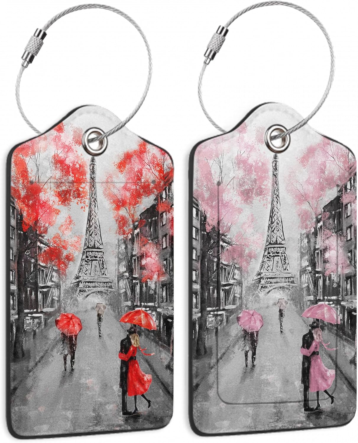 Set of 2 Luggage Tags for Suitcases, Leather Romantic Eiffel Tower Baggage Tags with Stainless Steel Loop, Privacy Name ID Card Cover Kawaii Travel Labels for Women Men Kids Girls