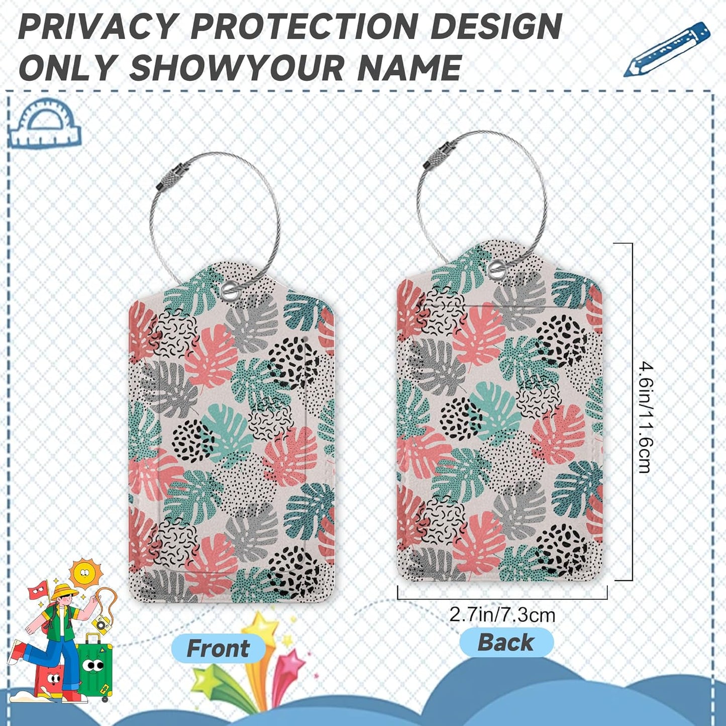 2 Pack Luggage Tag for Suitcase,Wave Dot Art Tropical Palm Leather Suitcase Tags Identifiers with Privacy Name Address Labels and Durable Steel Loop for Women Men Travel