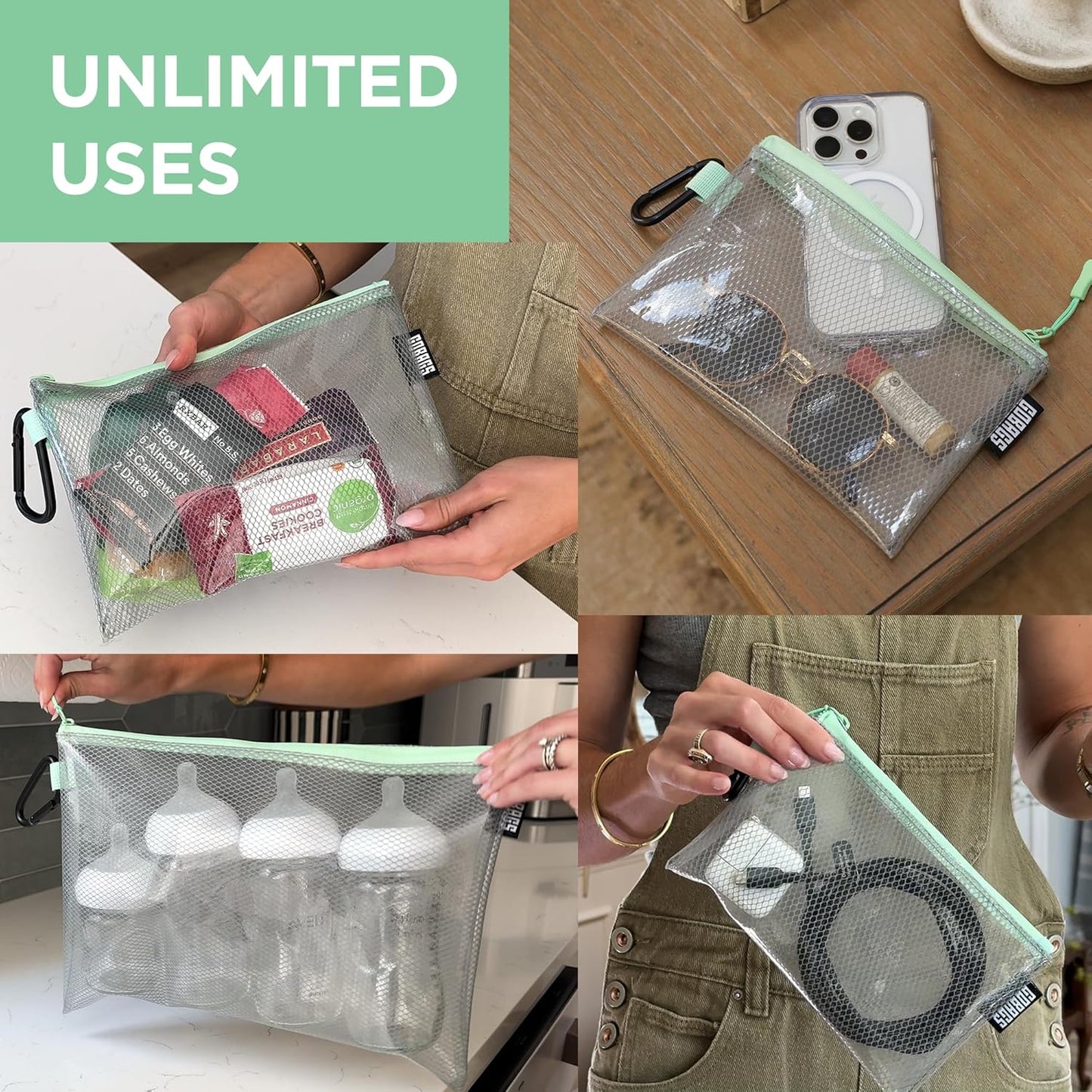 GOBAGS Air Production Multi‑Size Clear Zipper Pouch (4‑Pack) – Cable Organizer & Travel Gear Bag for Electronics, Camera Accessories, Tool Pouch & Small Tech Storage (Mint Green)