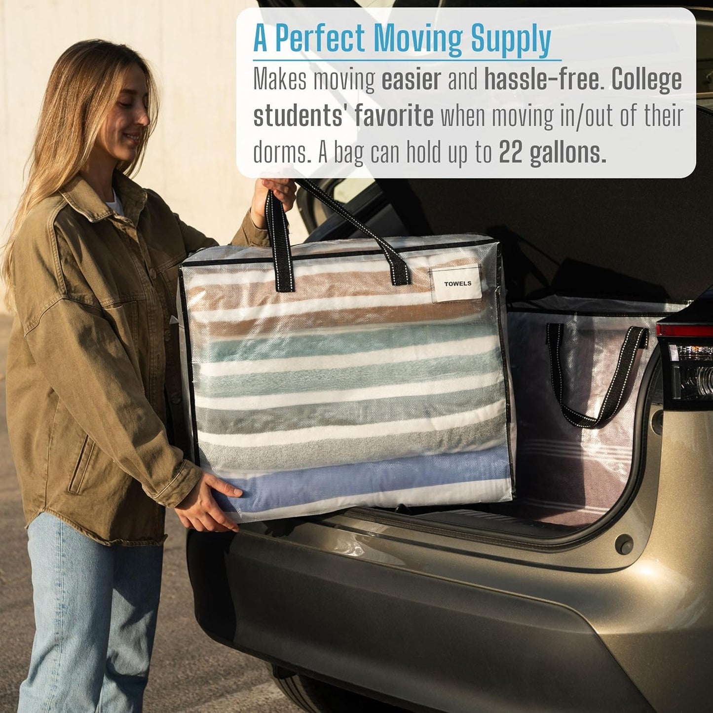 VENO 4 Pack Heavy Duty Moving Bags, Storage Bags, Packing Supplies, Top Zipper, Storage Totes for Camping, Clothes, Bedding, Comforters, Pillows (22 Gallon Clear, 4 Pack)