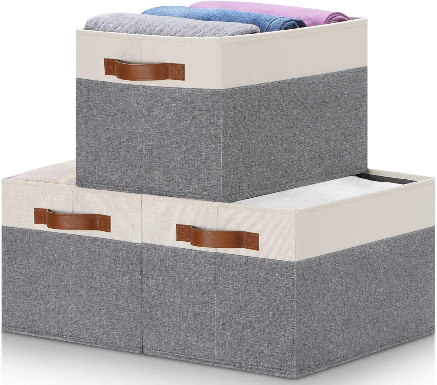 Large Fabric Storage Bins, Foldable Fabric Storage Baskets for Shelves, Sturdy Storage Boxes with PU Handles for Organizing Closet Home Bedroom Office (26L, 3 Packs, Grey&White)