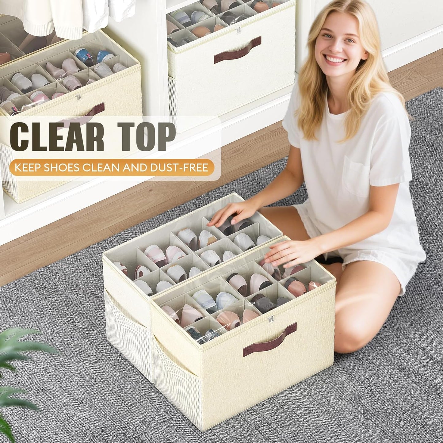 Budding Joy 2 Pack Shoe Organizer for Closet, Clear Foldable Shoe Storage Containers Adjustable Dividers Fits 16 Pairs,Shoe Storage Bins Baskets Boxes with Reinforced Handles Beige Yellow Beige