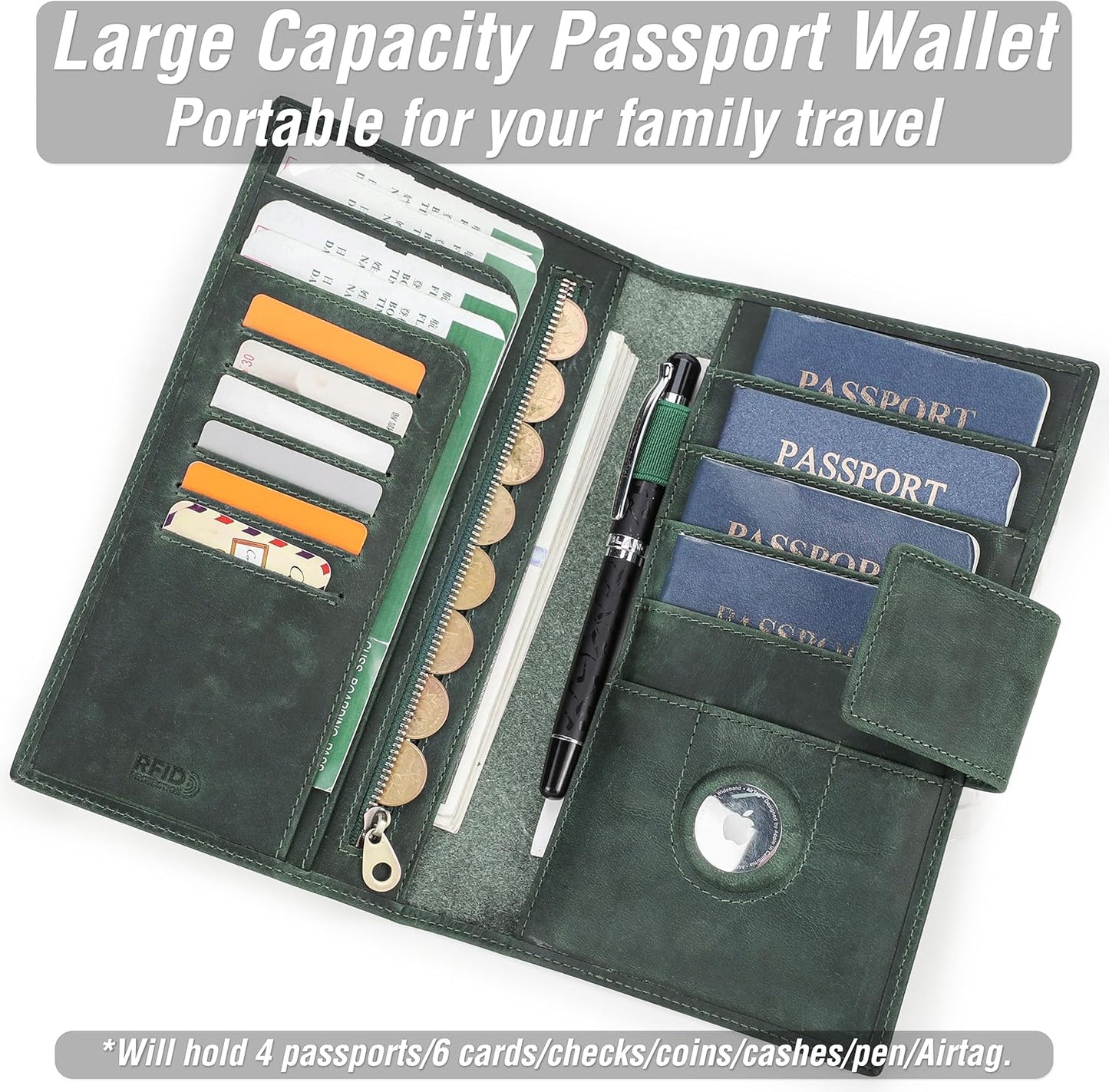 Top Grain Leather Travel Passport Wallet Holder for Man & Woman, Snap Button Design for 4 Passports & Multi Cards, RFID Blocking Large Capacity for Passports/Cards/Checks/Bills, Dark Green
