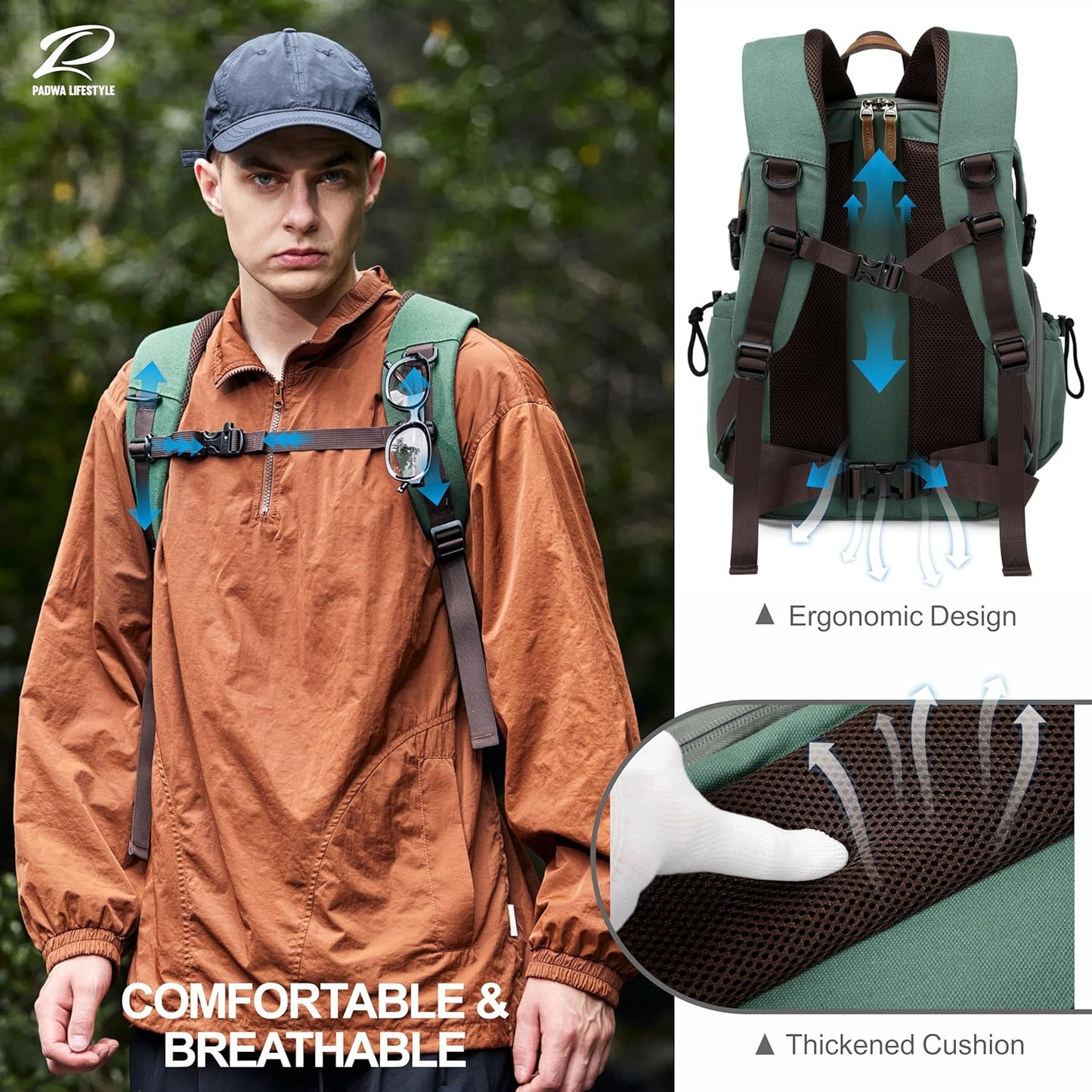 Padwa Lifestyle Green Camera Backpack - Professional DSLR & UAV Camera Bag,Anti Theft Canvas Camera Backpacks with Rain Cover,Large Capacity Photography Travel Camera Bag with Multi Compartments