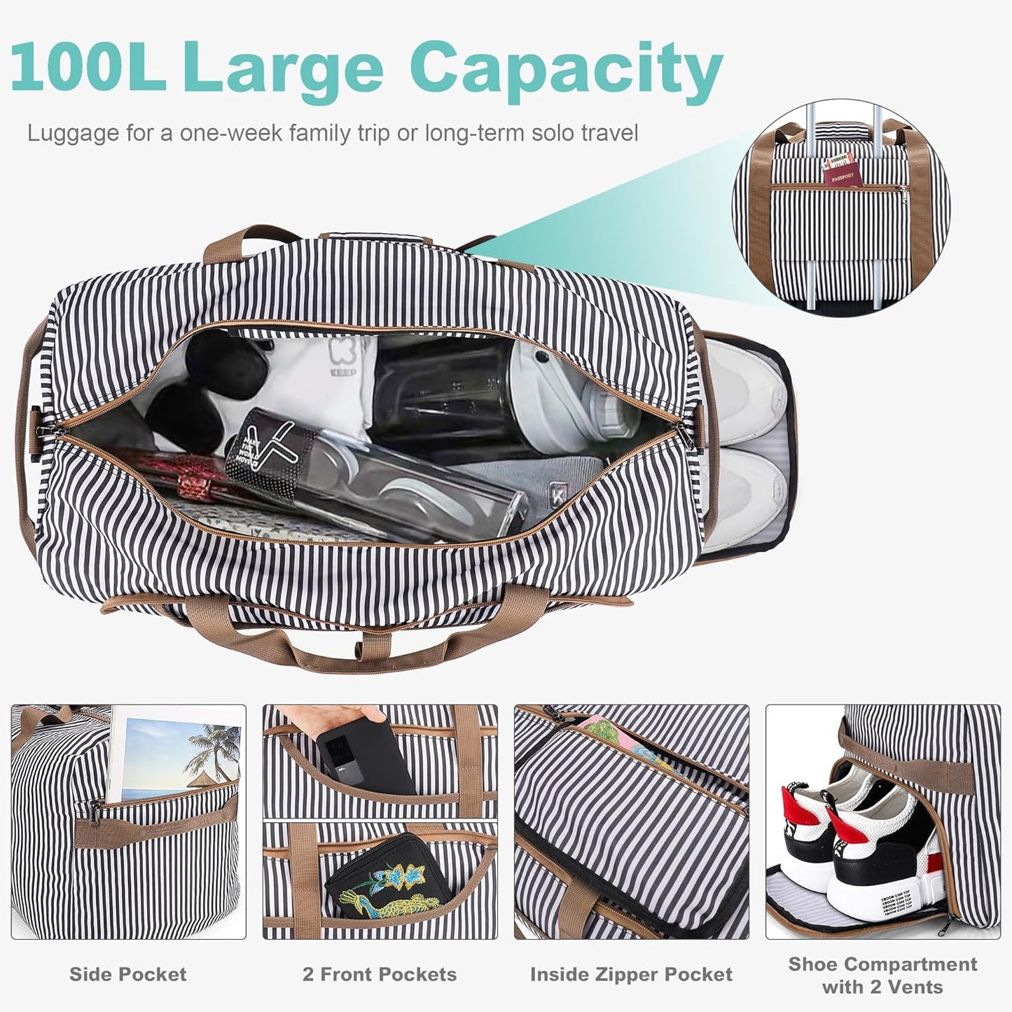 100L Duffle Bag for Travel, Large Foldable Waterproof Travel Duffel Bags Weekender Overnight Bag for Men and Women with Shoe Compartment (Stripe)
