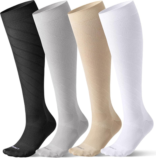 4 Pairs Light Compression Socks for Women Men 15-20 mmHg - Knee High Support for Daily Wear, Travel, Pregnancy, Nurses