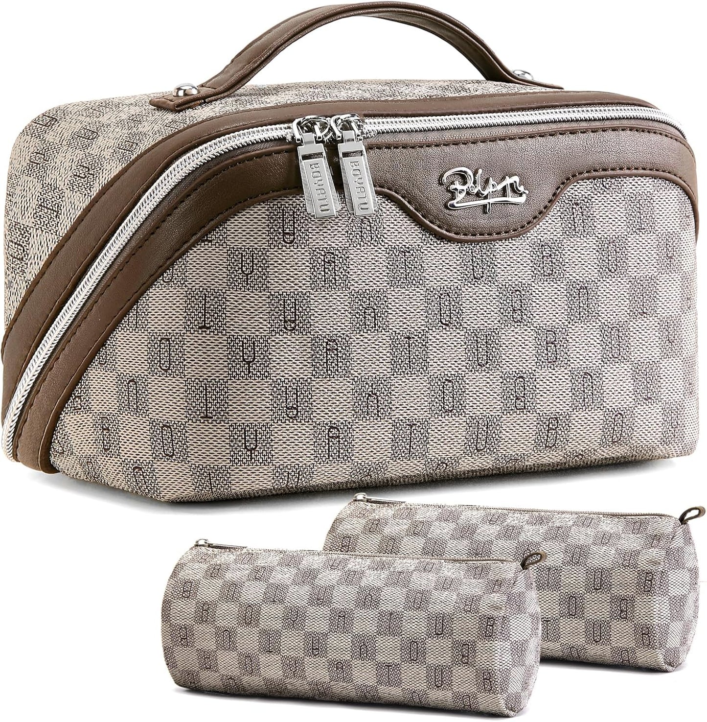 BOYATU Travel Makeup Bag Cosmetic Bags for Women: Large Make up Bags Set of 3 - Portable Makeup Organizer with Compartments&Handle&Divider - Waterproof PU Leather Toiletry Bag(02-Light Brown)