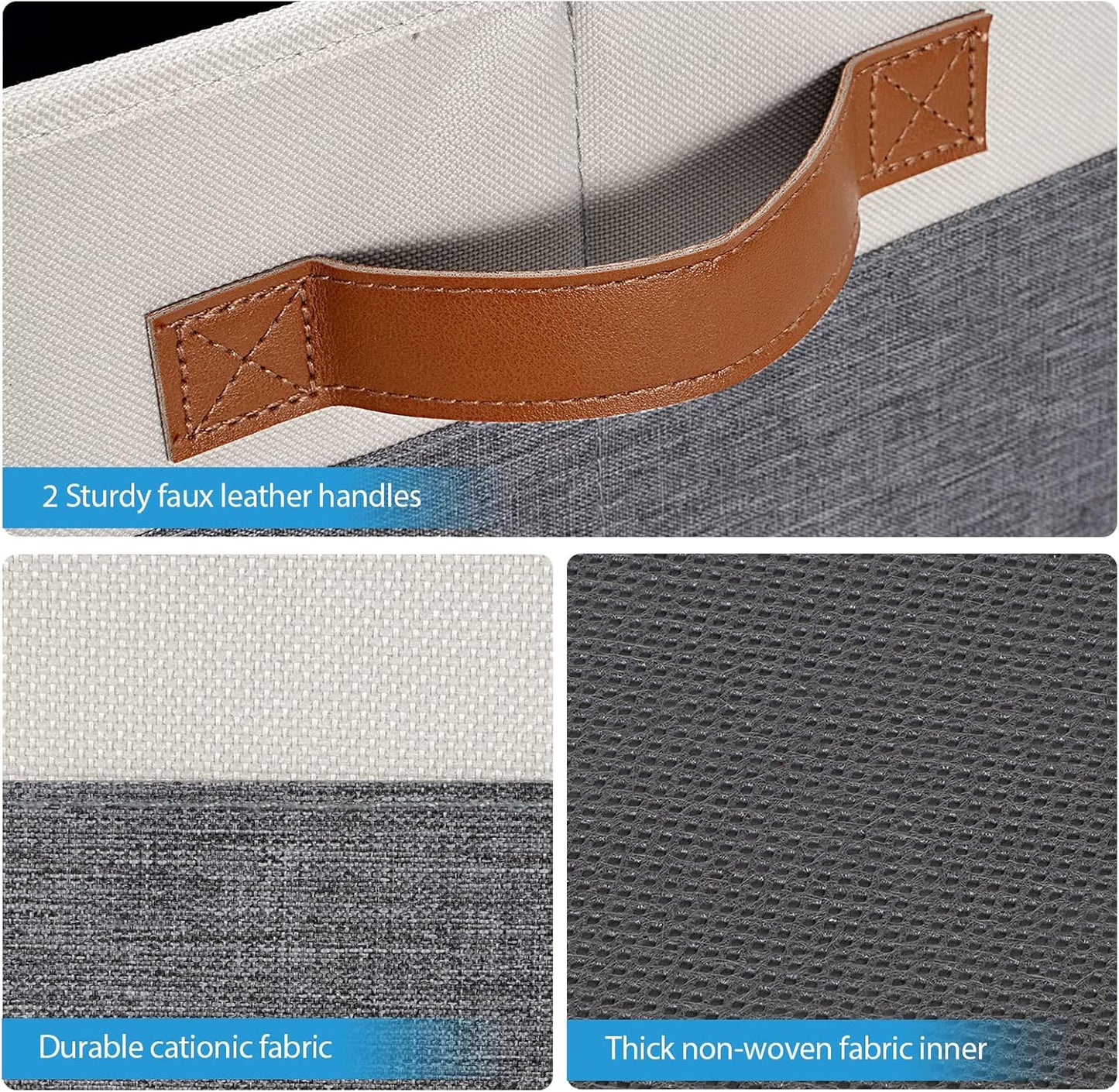 Large Fabric Storage Bins, Foldable Fabric Storage Baskets for Shelves, Sturdy Storage Boxes with PU Handles for Organizing Closet Home Bedroom Office (26L, 3 Packs, Grey&White)