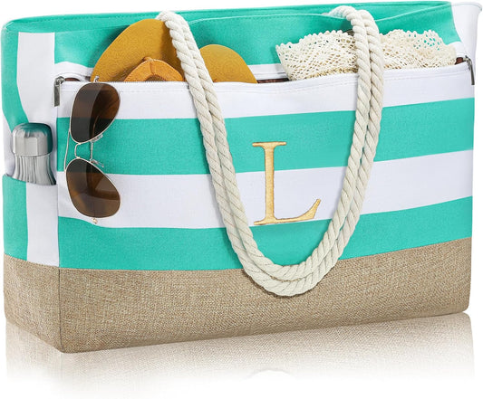 YOOLIFE Large Initial Beach Bag Waterproof Tote Zipper Bag Personalized Gifts for Women Her Birthday Travel Beach Essential