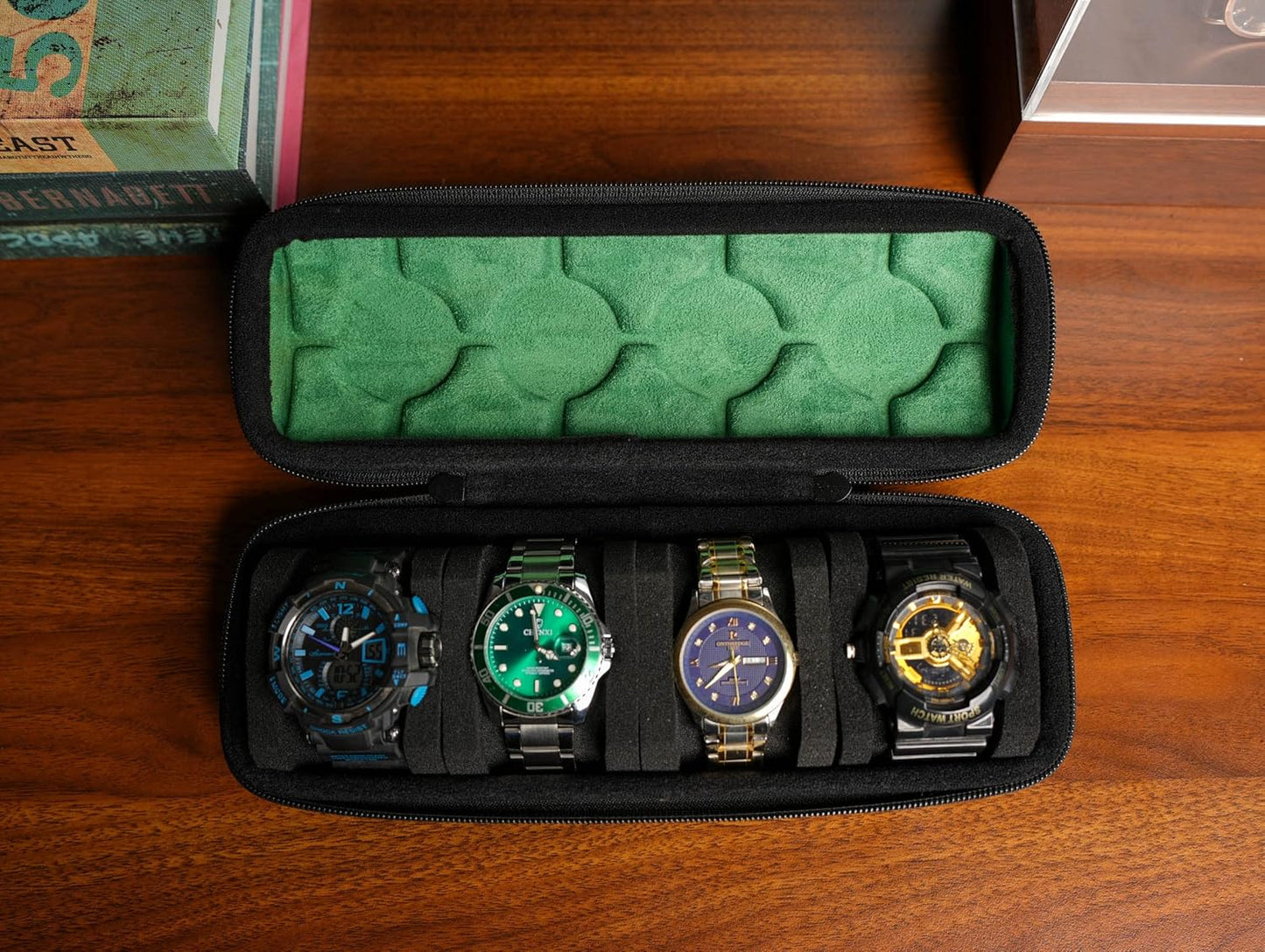 4 slots watch travel case roll, hard watch box storage organizer with soft foam pillows, fit up to 55mm face size watch(green microfiber lining)
