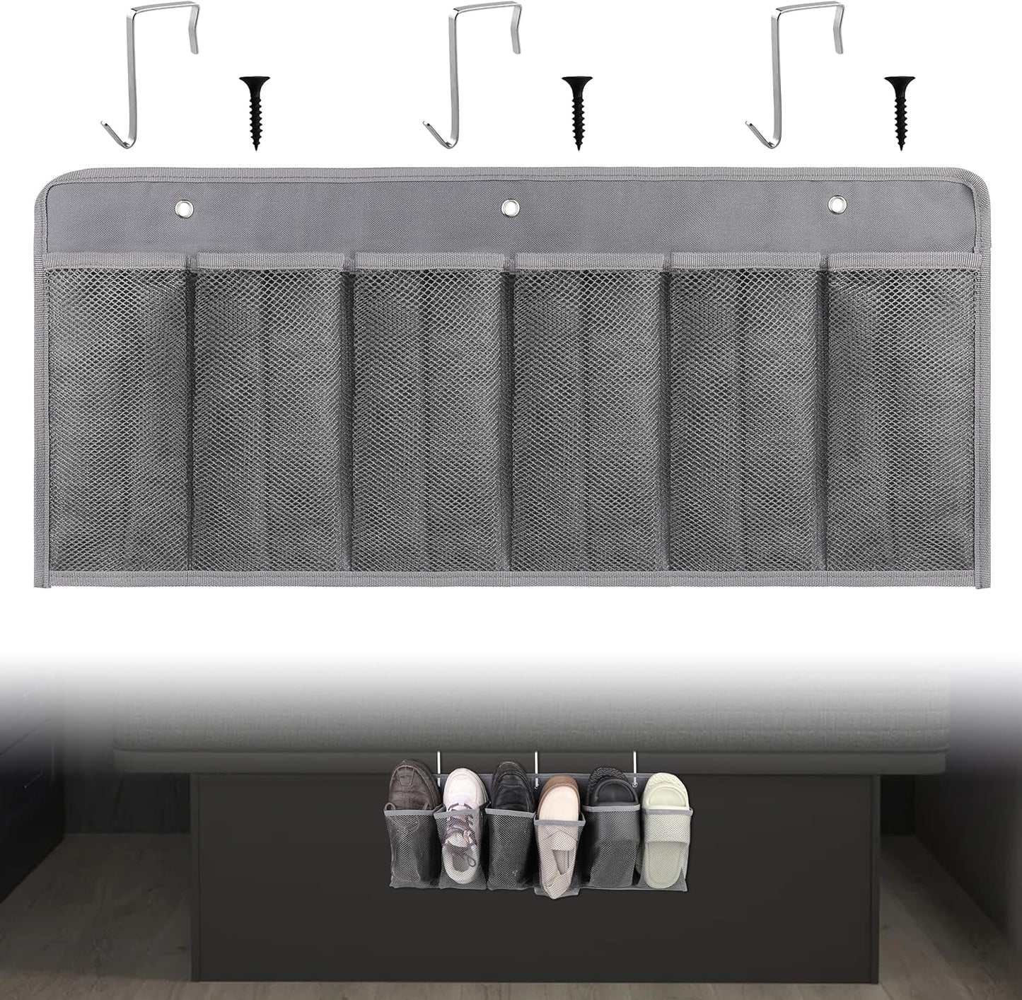RV Shoe Pockets 6 Large Pockets Heavy Hanging Bedside Storage Organizer with Sturdy Hooks Storage Pockets Hangs on bed for Shoes Toys and Tool Accessories