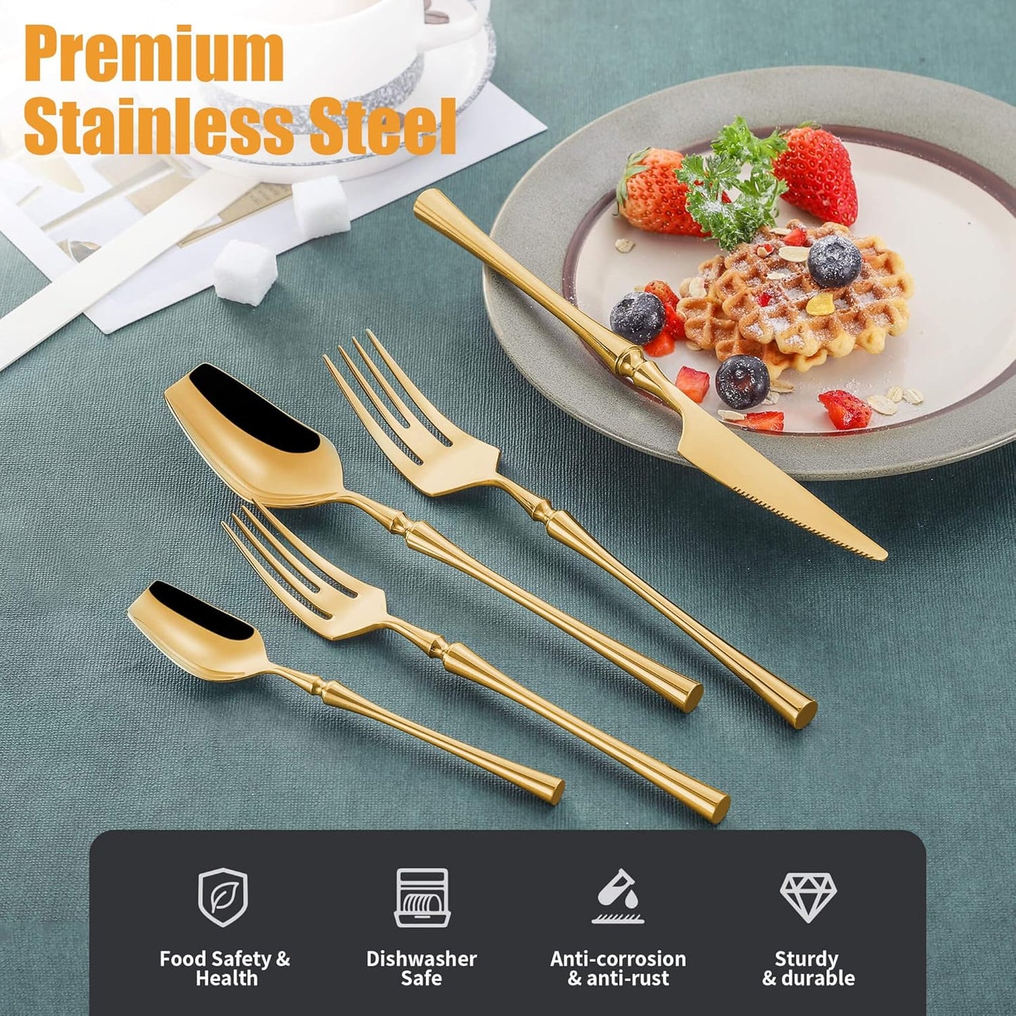 20-Piece Gold Silverware Set for 4,Modern 18/10 Stainless Steel Flatware Set,Unique Rustic Cutlery Utensils Set,Spoon and Fork Set for Home, Restaurant,Wedding,Mirror Polished,Dishwasher Safe