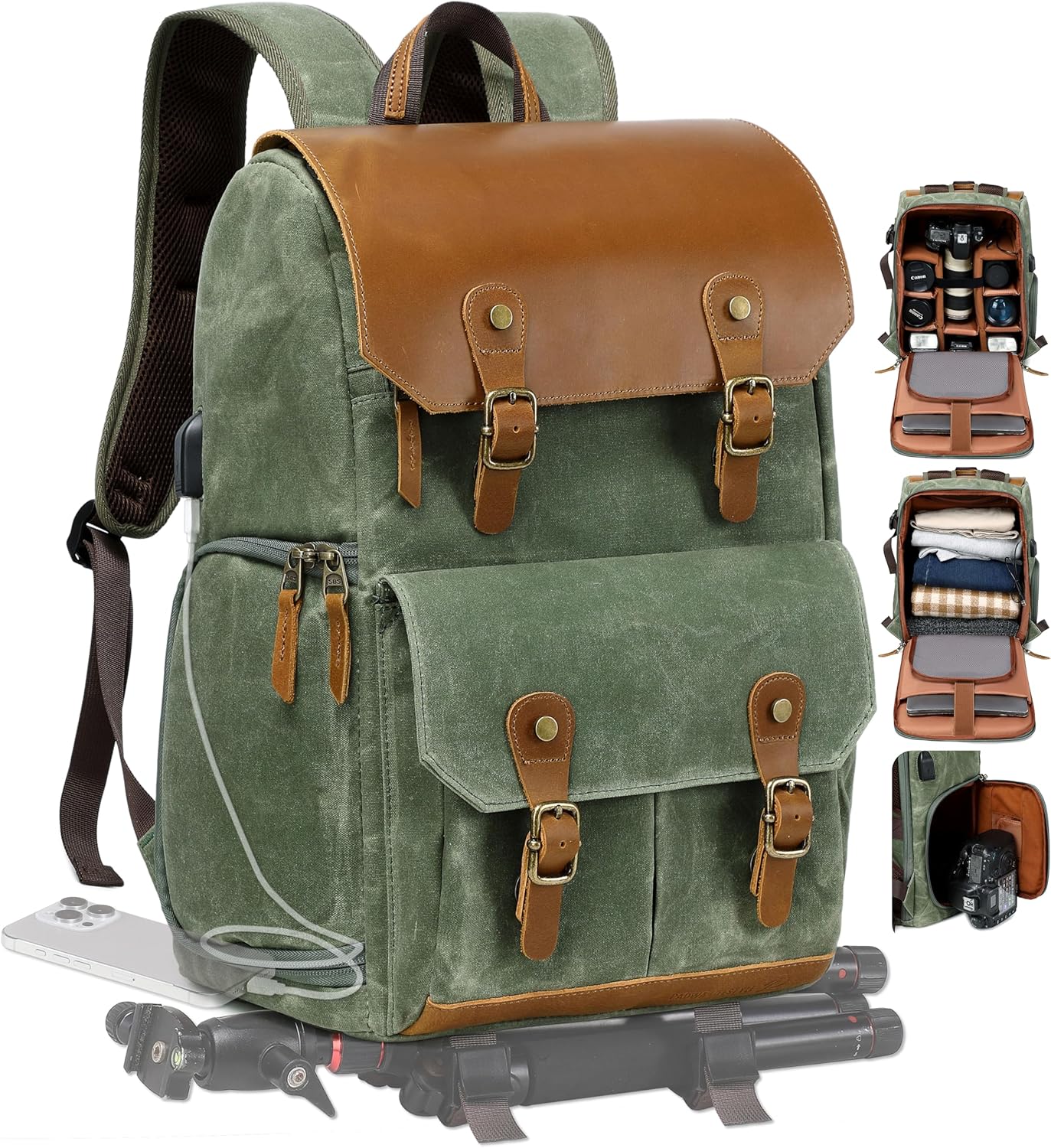 Padwa Lifestyle Green Camera Backpack - Waxed Memory Canvas Camera Bag, Multi DSLR SLR Large Camera Backpacks for Photographers with 16” Laptop & Lens Compartment and Tripod Holder & Weather Resistant