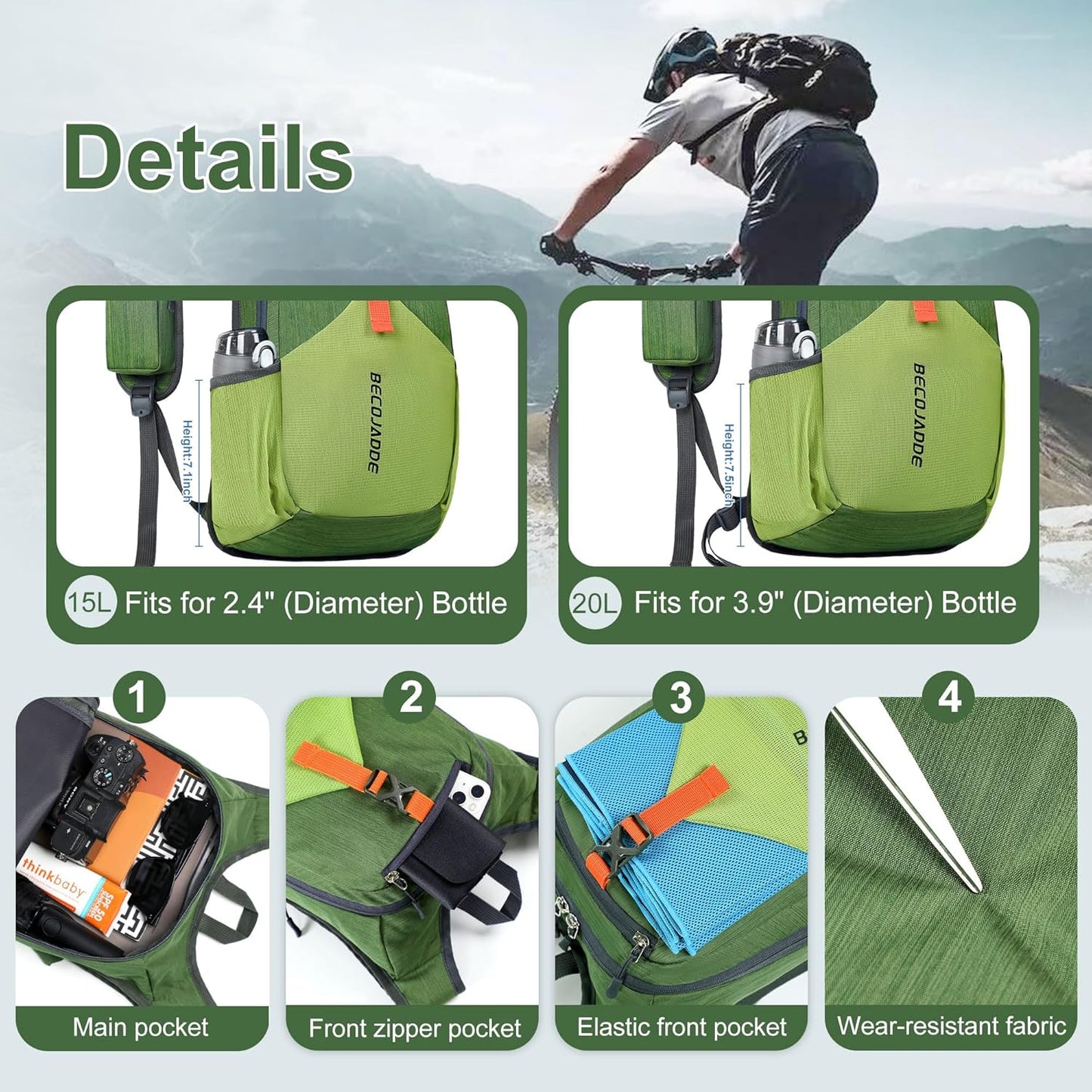 15L Small Hiking Backpack for Men Women Foldable Packable Back Pack Ultralight Hiking Daypack for Travel Camping Outdoor, Olive Green