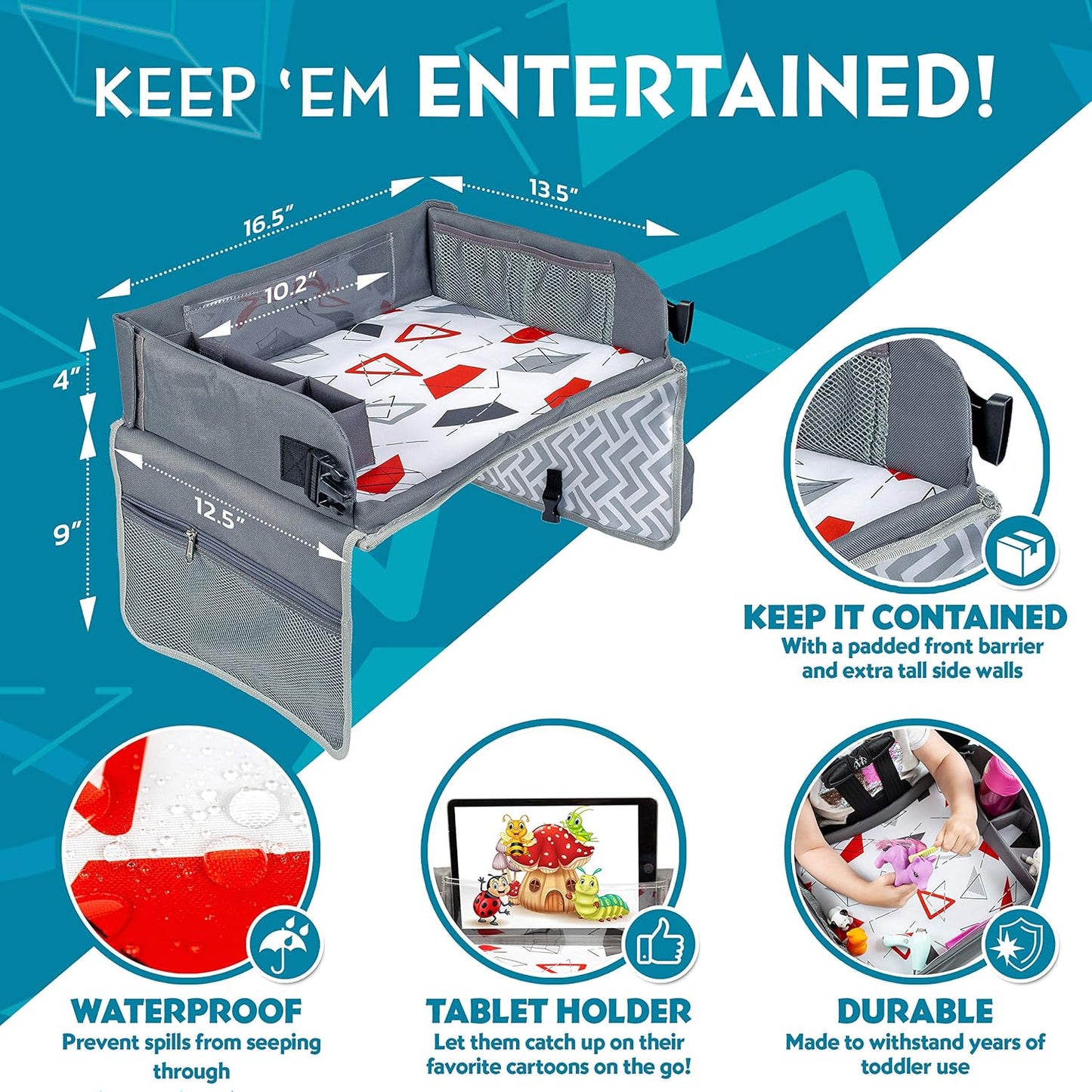 Kenley Kids Travel Tray, Toddler Car Seat Lap Tray, Road Trip Essentials Activity Table (Red/Gray)