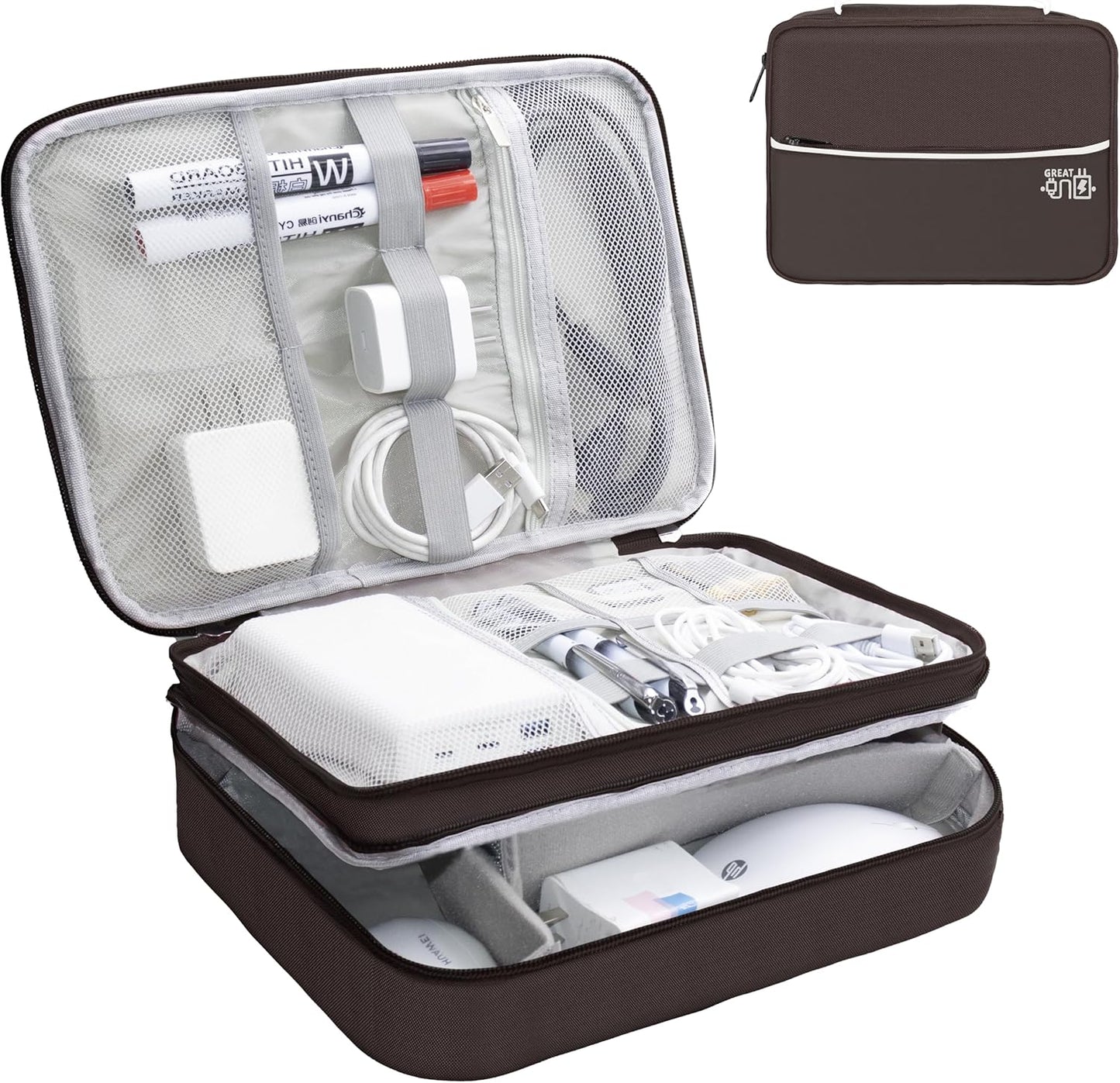 Electronics Organizer,Travel Cord Organizer Pouch, Portable Cable Organizer Bags, Waterproof Electronic Accessories Storage Case for Cables, Cords, Charger, Phone (Three Layer-Brown)