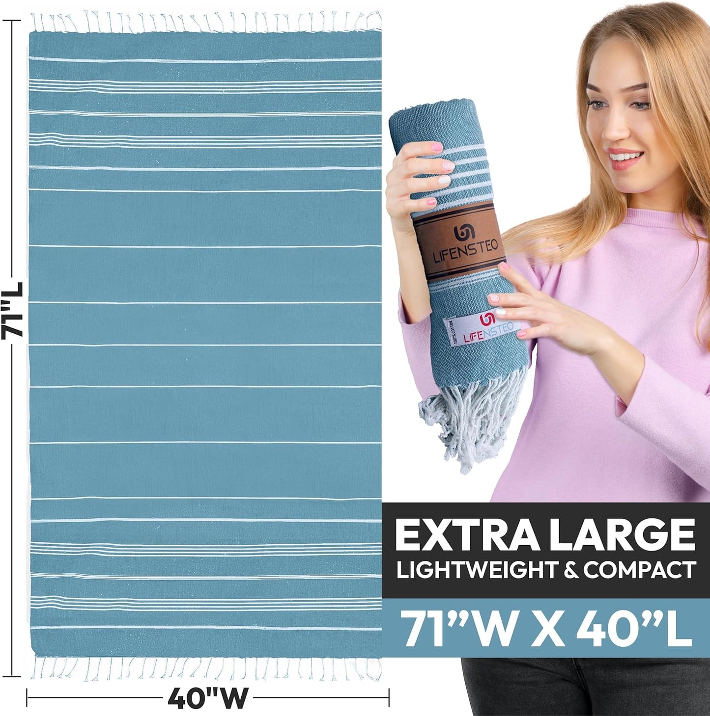 Turkish Beach Towel - 40x71 inch Oversized Sand Resistant Prewashed Turkish Towel - 100% Turkish Cotton Quick Drying, Compact, Lightweight Turkish Towel for Beach, Bath, Pool, Gym, Yoga