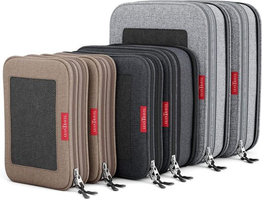 LeanTravel Compression Packing Cubes for Travel Organizers with Double Zipper (6-Pack (2L+2M+2S), Grey-Black-Brown)