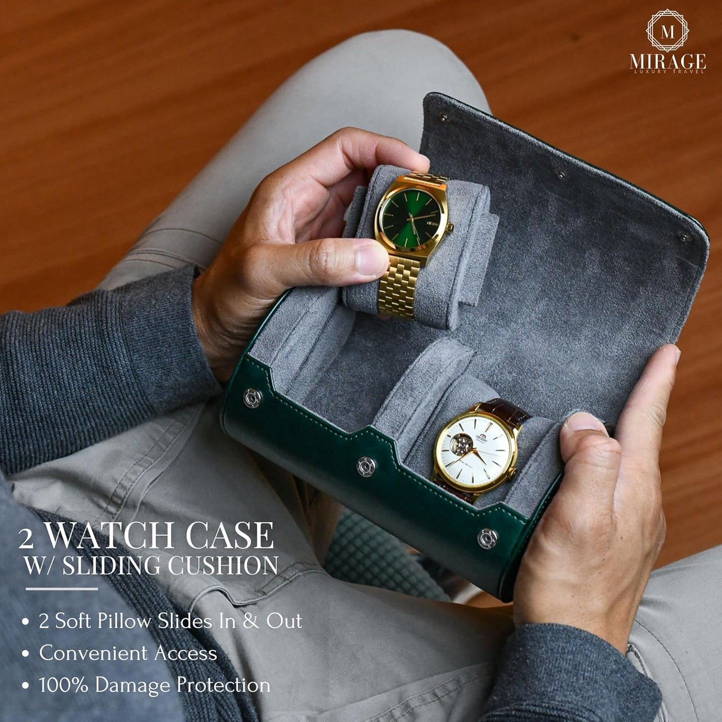 2 Watch Travel Case for Men- Watch Roll Holder and Display - Royal Green Swiss Motif Vegan Leather