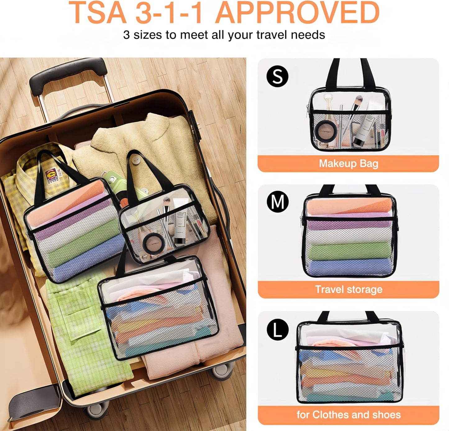 XEWEA Large Small Clear Travel Toiletry Bags with Handles & Pocket for Men Women, 3PCS TSA Approved Transparent Makeup Bag,Waterproof PVC Quart Organizer with Zipper for Toiletries Airline Essentials