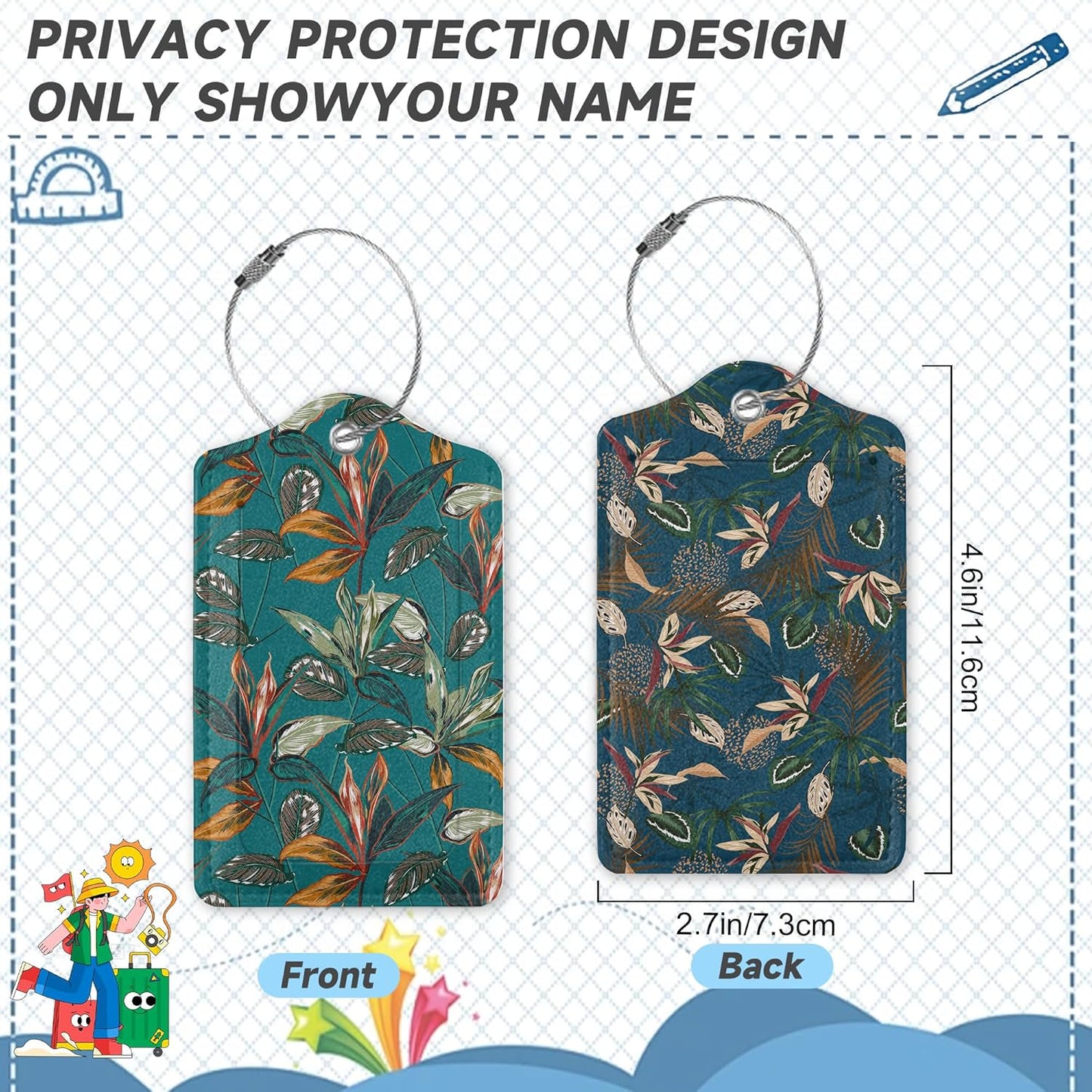 2 Pack Luggage Tags for Suitcases Retro Tropical Plants Luggage Tag, Leather Stainless Steel Loop Label Tag for Men Women Travel Bag Suitcase