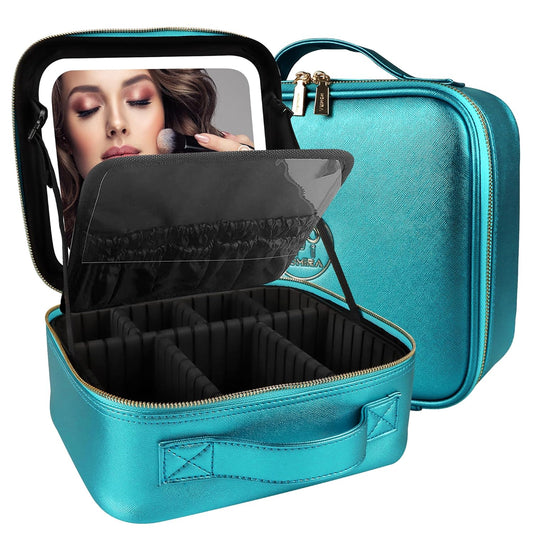 MOMIRA Travel Makeup Bag Cosmetic Bag Makeup Organizer Bag with Lighted Mirror, Adjustable Brightness in 3 Color Scenarios, Waterproof Makeup Train Case, Gift for Women - Brilliant Blue