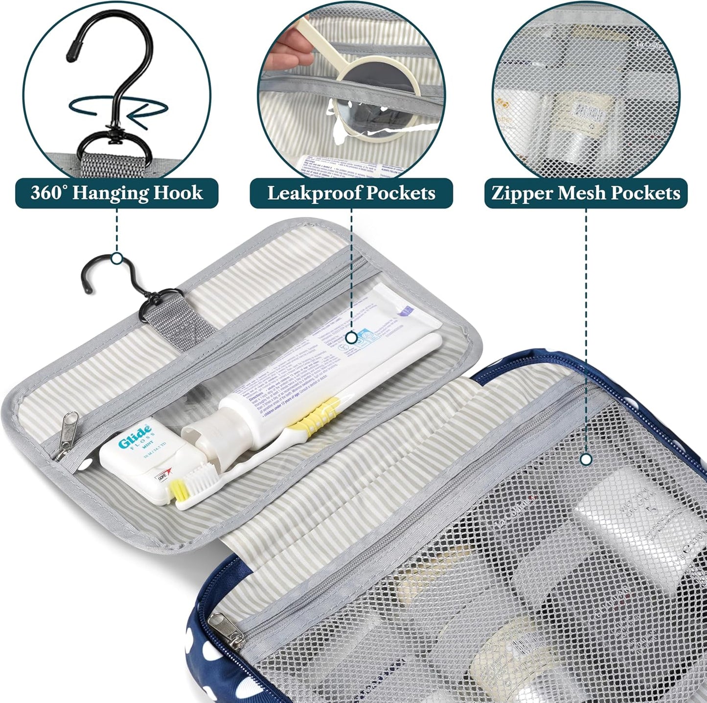 PAVILIA Hanging Toiletry Bag Travel Bag Women Men, Foldable Cosmetic Organizer, Roll up Makeup Bag, Water Resistant Accessories Toiletries, Large Travel Essentials Kit (Navy Polka Dot)