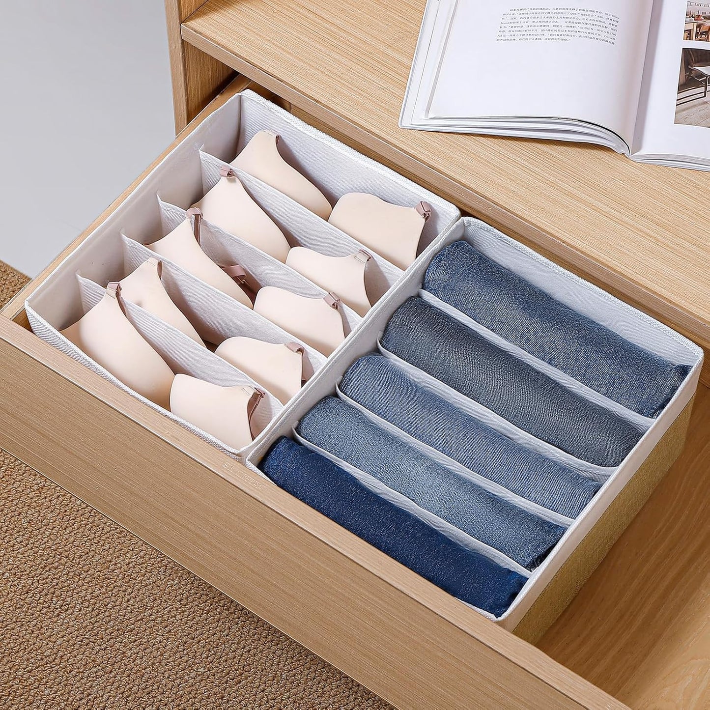 Jeans Drawer Organizers for Clothing,5 Grids Compartment Wardrobe clothes organizer,Fabric Washable Closet Organizers and Storage Bins for Jeans,Pants,Bra,Legging,t-shirt-BeigeWhite