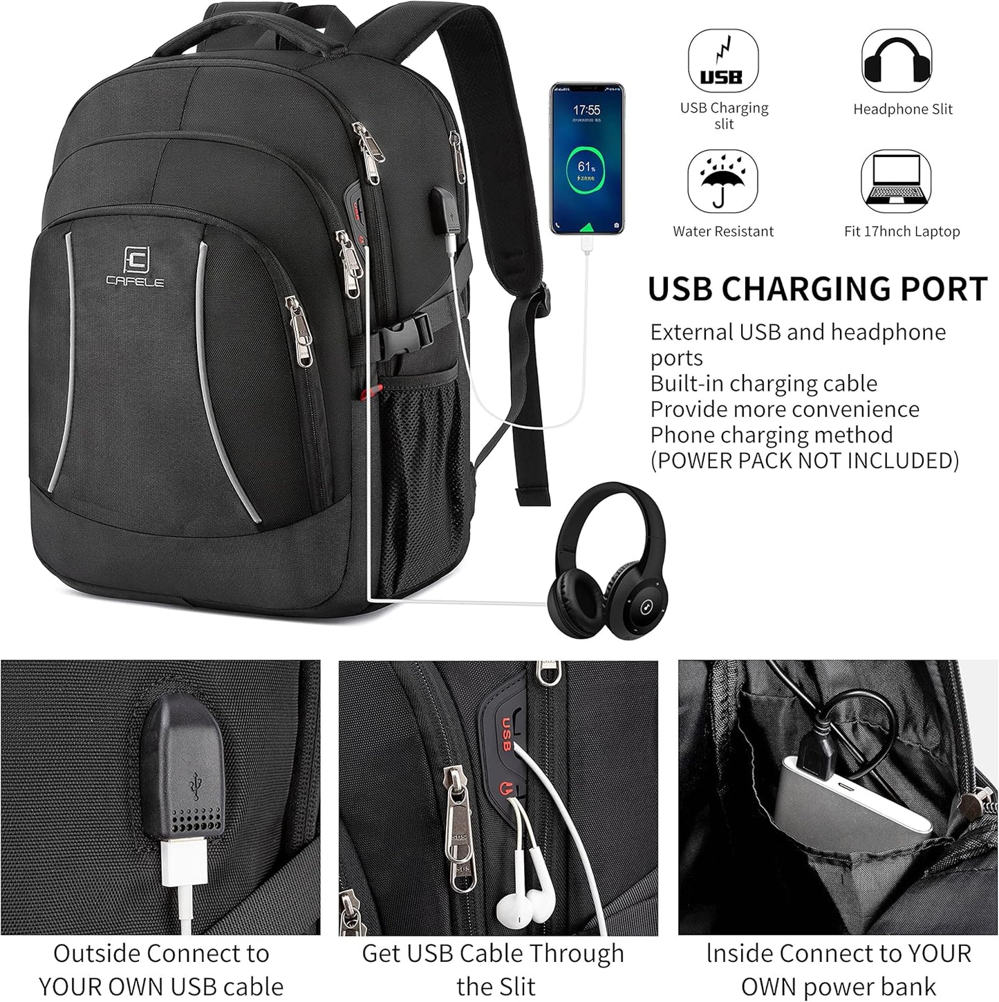 17.3 inch Laptop Backpack,School Bookbag Computer Rucksack with USB Charging Port,Water Resistant Sturdy Bagpack for Business College School Travel,Men Women Casual Daypack,Black