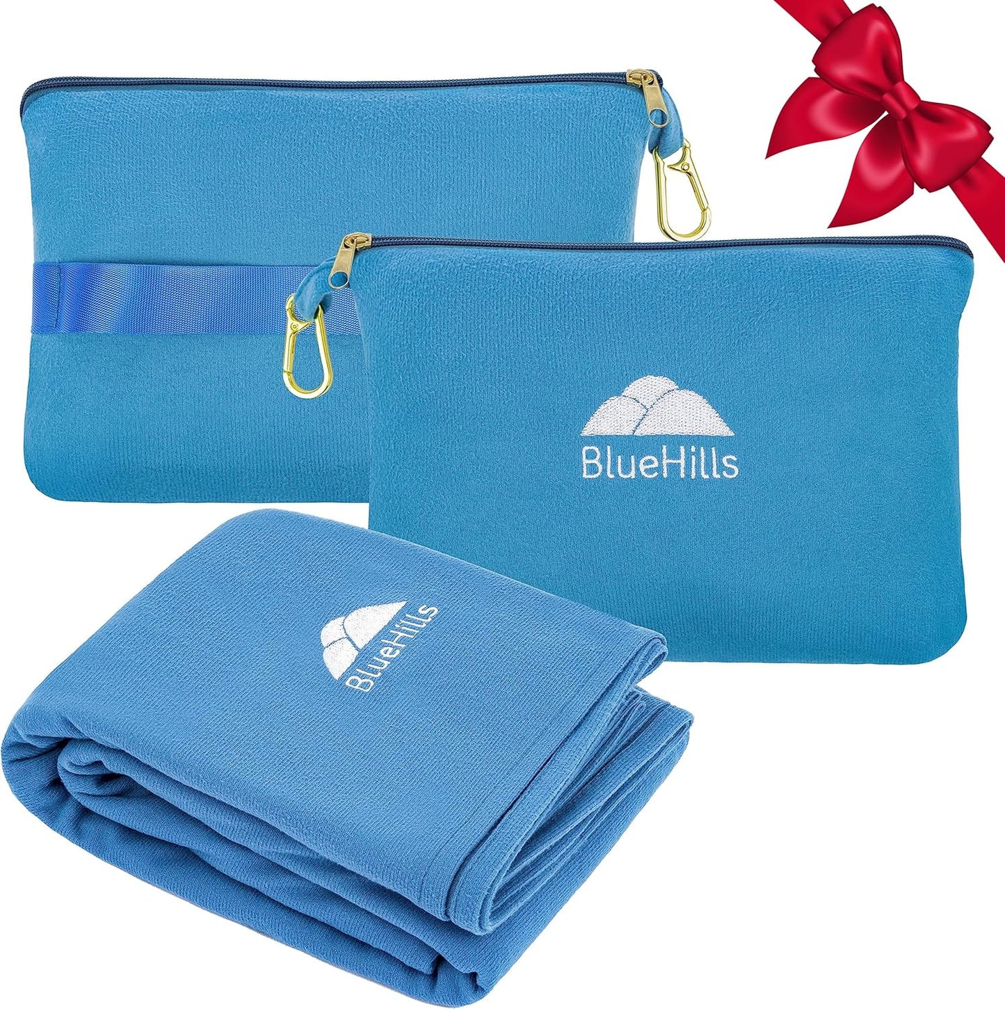 BlueHills Travel Blanket Pillow Compact Lightweight Pocket Size Airplane Traveling Essential Flight Trip Throw in Bag Portable Case Plane Accessory Teal Blue L03