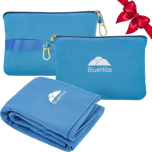 BlueHills Travel Blanket Pillow Compact Lightweight Pocket Size Airplane Traveling Essential Flight Trip Throw in Bag Portable Case Plane Accessory Teal Blue L03