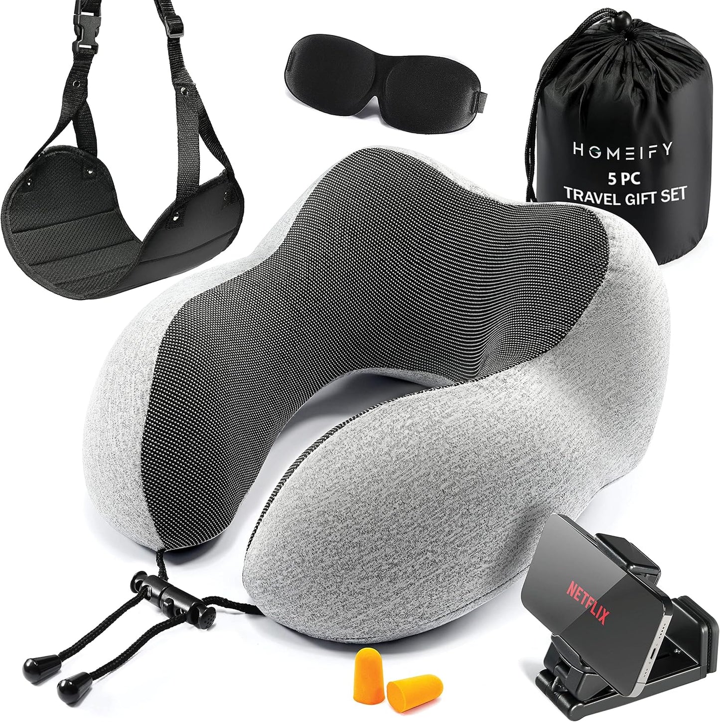 Airplane Neck Pillow Includes Travel Pillow + Airplane Phone Holder Mount + Eye Masks + Foot Hammock + Earplugs for Travel, 100% Pure Memory Foam Travel Pillow, 5 Pc Travel Kit, 2 Pack