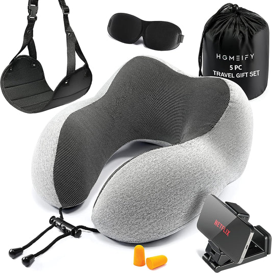 Airplane Neck Pillow Includes Travel Pillow + Airplane Phone Holder Mount + Eye Masks + Foot Hammock + Earplugs for Travel, 100% Pure Memory Foam Travel Pillow, 5 Pc Travel Kit, 2 Pack