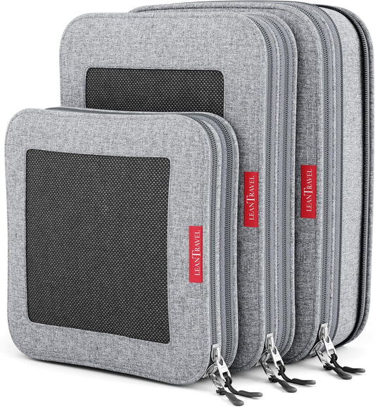 LeanTravel Compression Packing Cubes for Travel Organizers with Double Zipper (3-Pack (2L+1M), Grey)