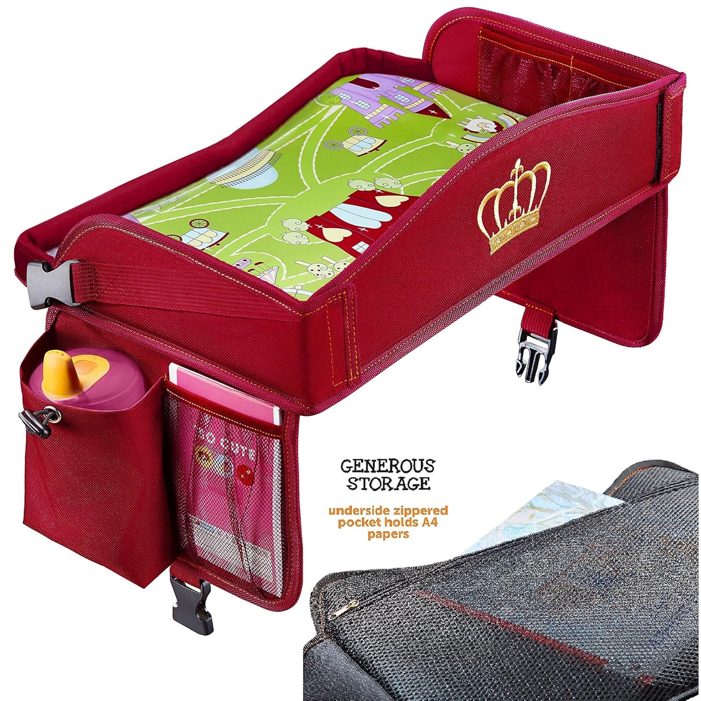 Coolmum Kids Travel Tray, Toddler Car Seat Tray, Double Sided Activity Organizer, Snack Lap Tray, Baby Stroller Table, Airplane Play Table, Waterproof and Foldable (Premium Red)